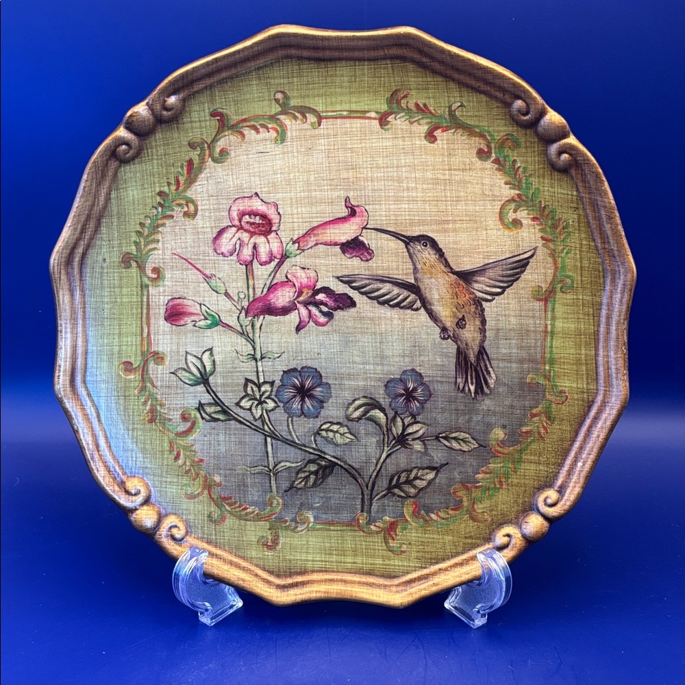Decorative Home Decor Plate with Hummingbird and Floral Design